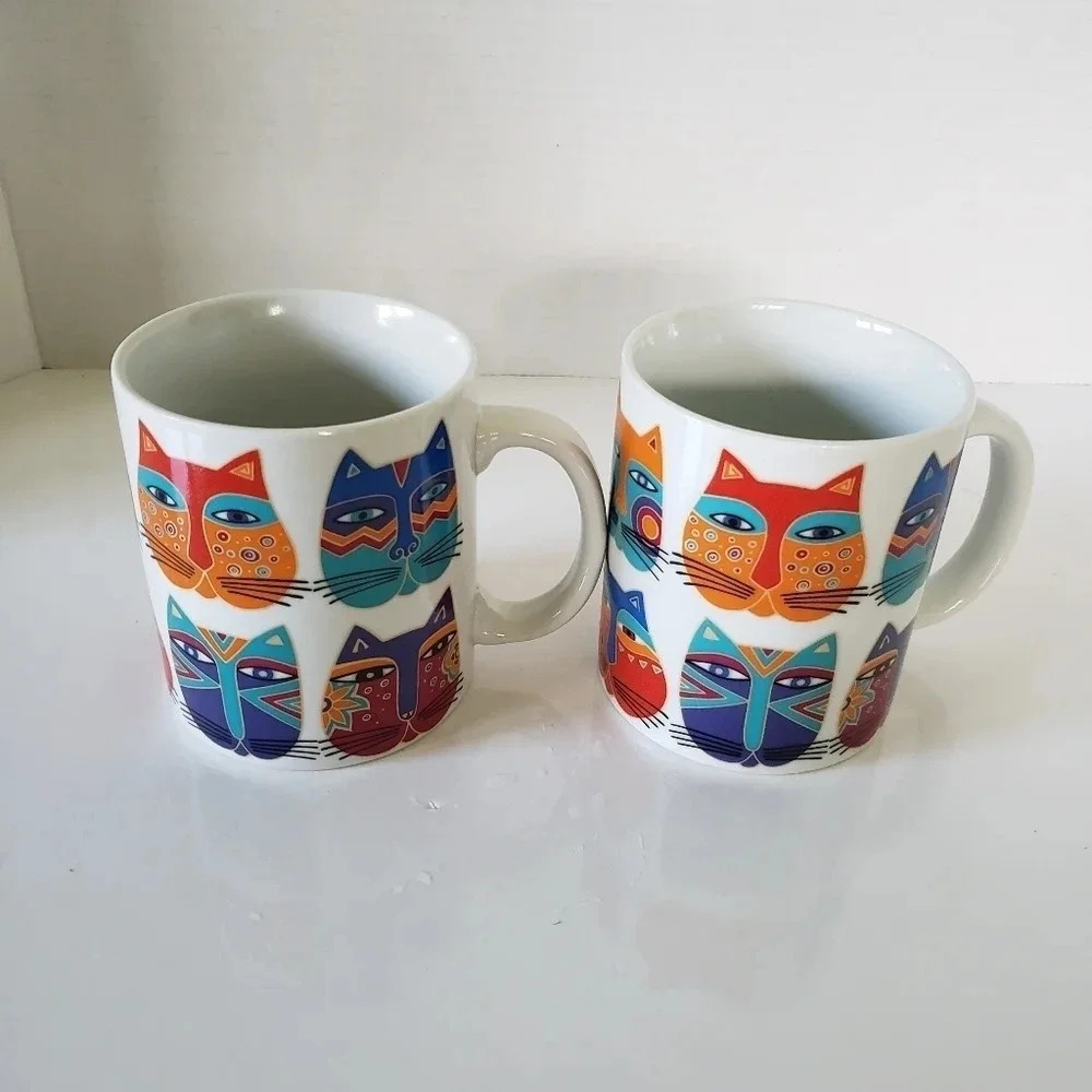 Vintage Laurel Burch 1995 Colorful Cat set of 2  Mugs.